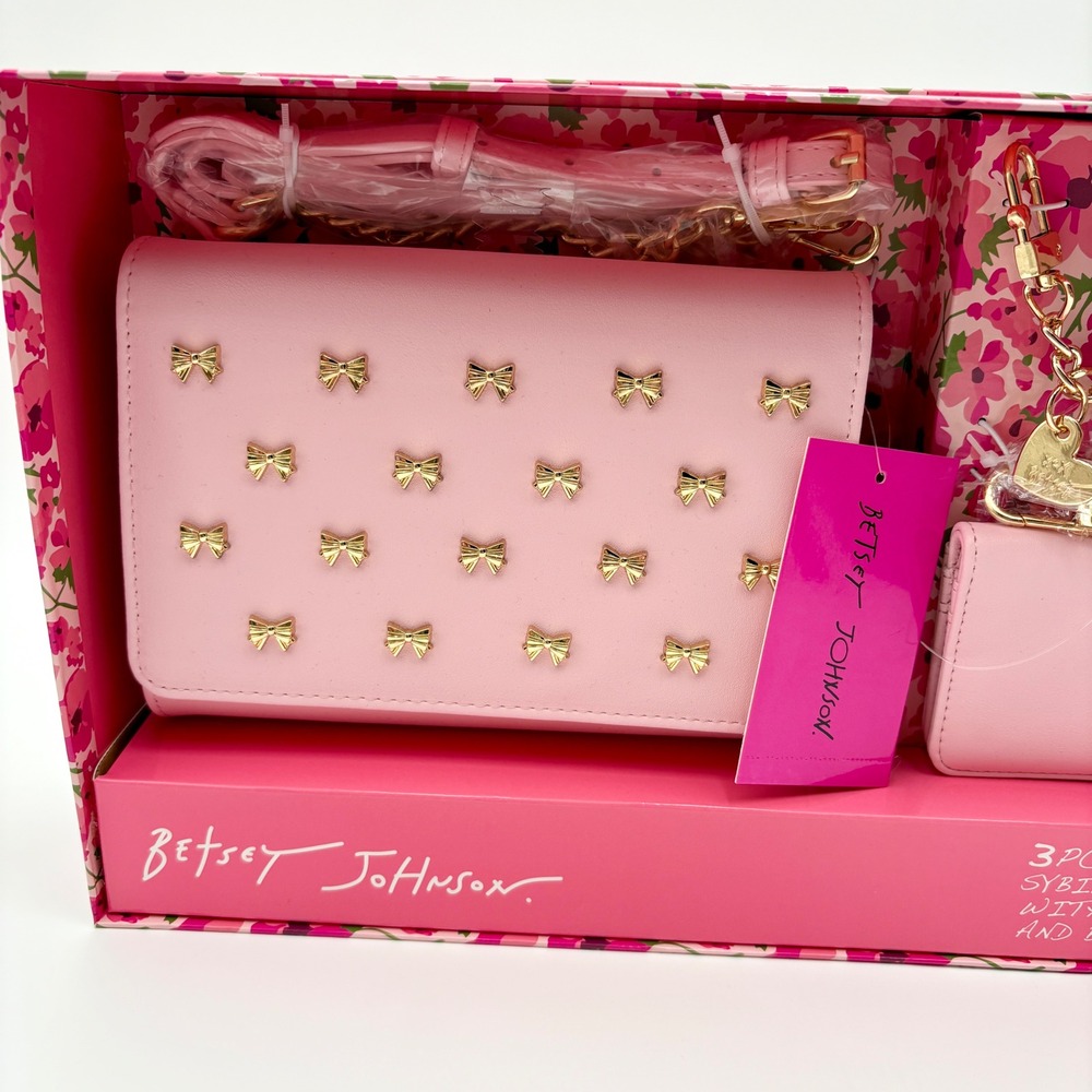 BETSEY JOHNSON Sybil Pink and Gold BOWS Crossbody Bag Wallet Bag Charms Set - Picture 2 of 6